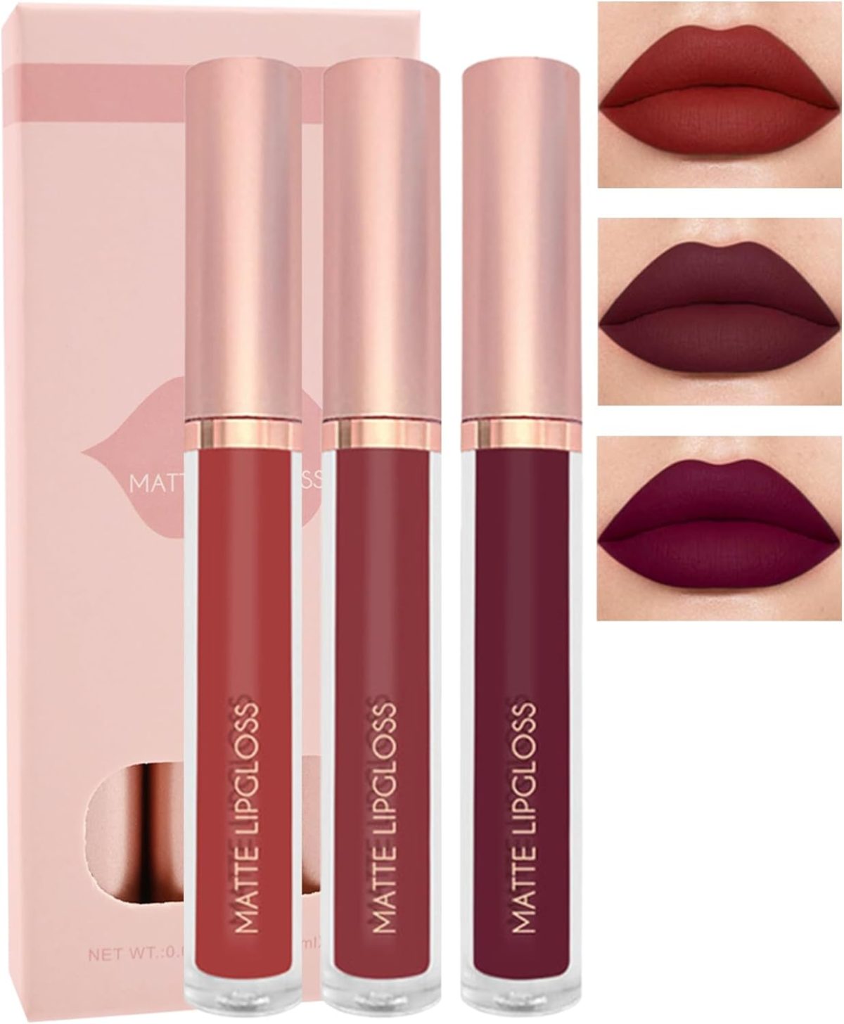 Matte Liquid Lipstick Set-3Pcs High Pigmented Lip Stain Tint, Long Lasting 24H Red Lipstick Waterproof Non-Stick Cup Velvet Lip Gloss, Smudge Proof Not Fade Lips Blam Makeup Gift Box for Women-Set d