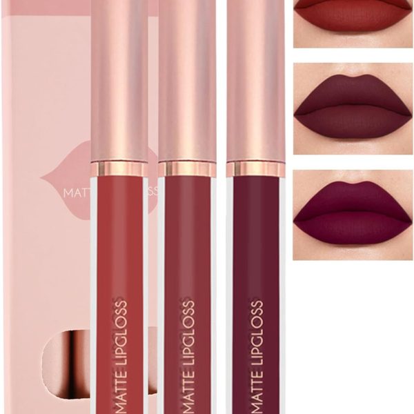 Matte Liquid Lipstick Set-3Pcs High Pigmented Lip Stain Tint, Long Lasting 24H Red Lipstick Waterproof Non-Stick Cup Velvet Lip Gloss, Smudge Proof Not Fade Lips Blam Makeup Gift Box for Women-Set d