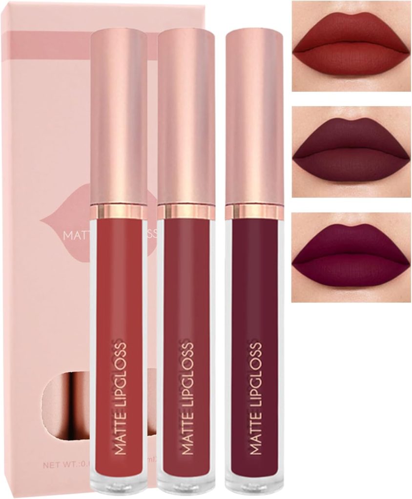 Matte Liquid Lipstick Set-3Pcs High Pigmented Lip Stain Tint, Long Lasting 24H Red Lipstick Waterproof Non-Stick Cup Velvet Lip Gloss, Smudge Proof Not Fade Lips Blam Makeup Gift Box for Women-Set d