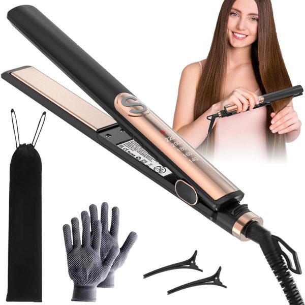 Oxsaytee Hair Iron Straightener Up to 220° Digital 5 Heat Settings Hair iron with Ceramic Coating for Smooth Glide Lasting Results for Curl Auto-shut off, Black