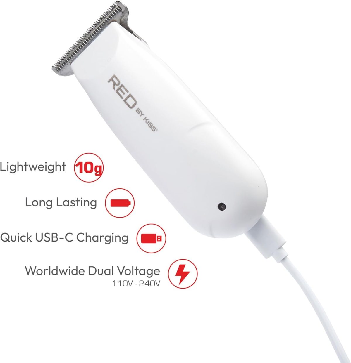 ⁦Red by Kiss Hair Clipper, Mini Cordless Hair Trimmer, Long Lasting Hair Cutting Kit, USB-C Rechargeable Haircut Beard Trimming Clippers for Men Women Kids, Portable Grooming Kit (White)⁩ - الصورة ⁦3⁩