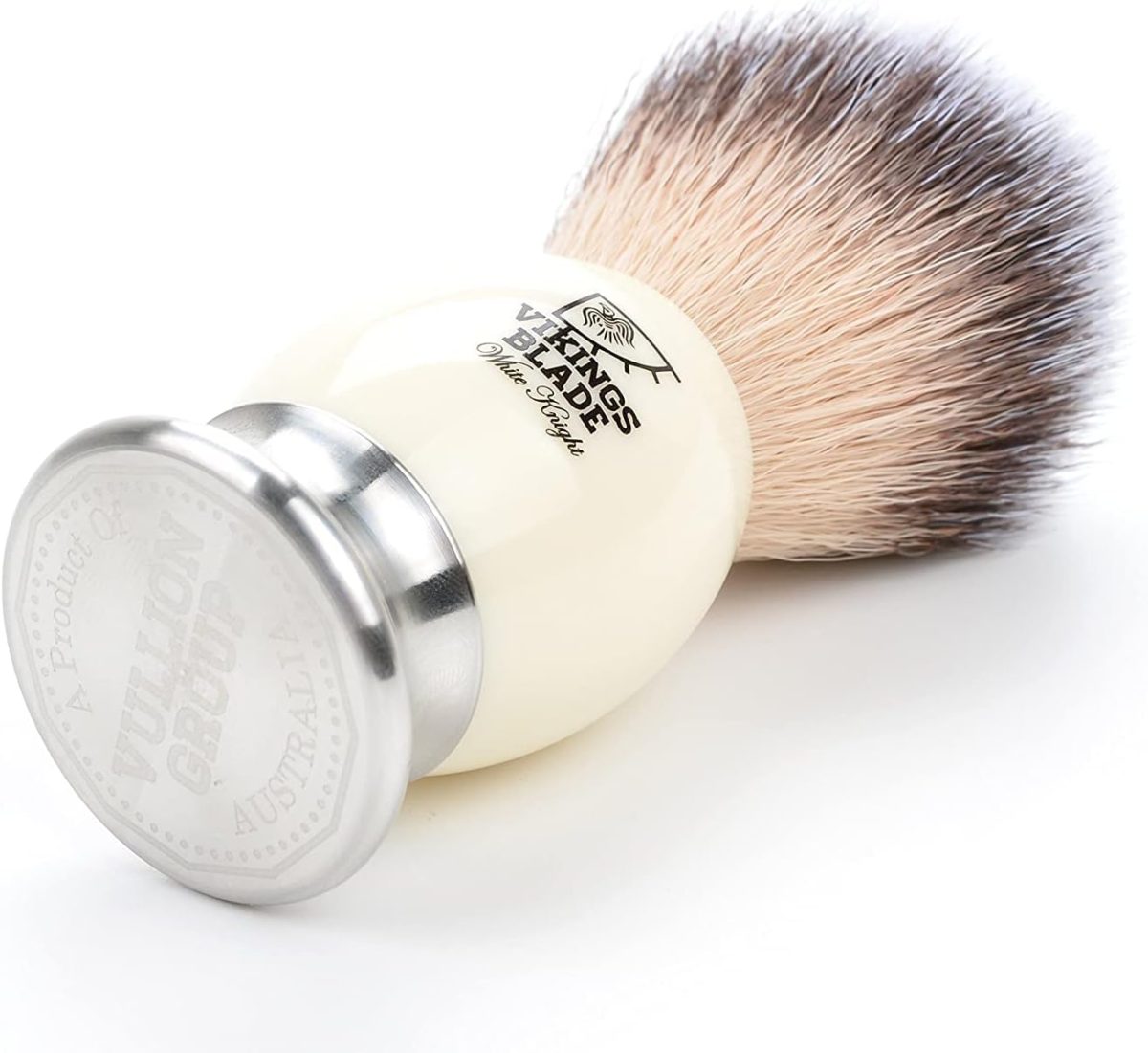 ⁦VIKINGS BLADE 'White Knight' Luxury Shaving Brush, Heavy Steel Base + Faux Ivory Acrylic⁩ - الصورة ⁦6⁩