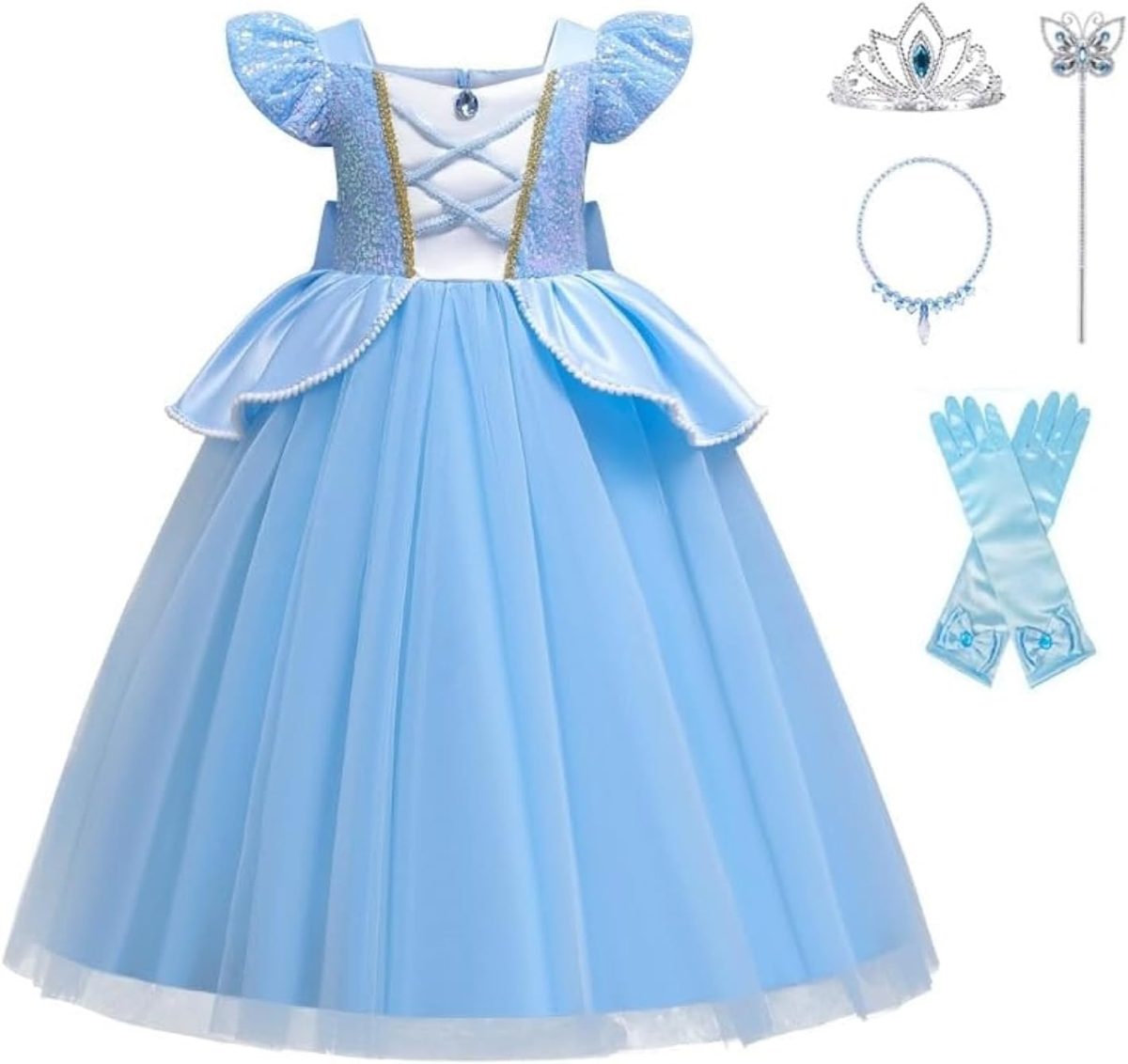 Yalla Baby Girls Dress Costume for Kids Girls Princess Blue Dress Up with Free Accessories - 90-140 cm 3-12 Years Birthday Party Cosplay Outfits (120, Blue-Z00875)