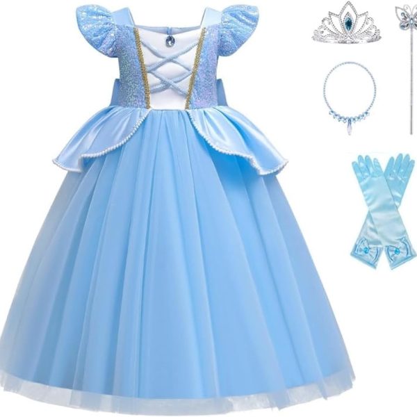 Yalla Baby Girls Dress Costume for Kids Girls Princess Blue Dress Up with Free Accessories - 90-140 cm 3-12 Years Birthday Party Cosplay Outfits (120, Blue-Z00875)