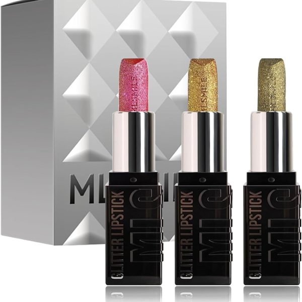 3 Colors Diamond Shimmer Metallic Lipstick Set, Velvet Glow Long Lasting Lipstick with High Pigment & Moisturizing Formula, Non-Stick Cup Waterproof Glitter Lip Gloss, Gift for Women