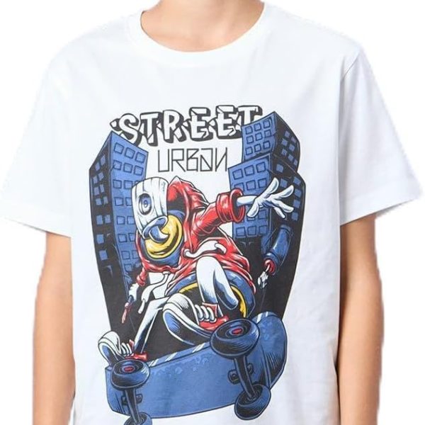 REDTAG Senior Boys White Skate Board Print T-Shirt