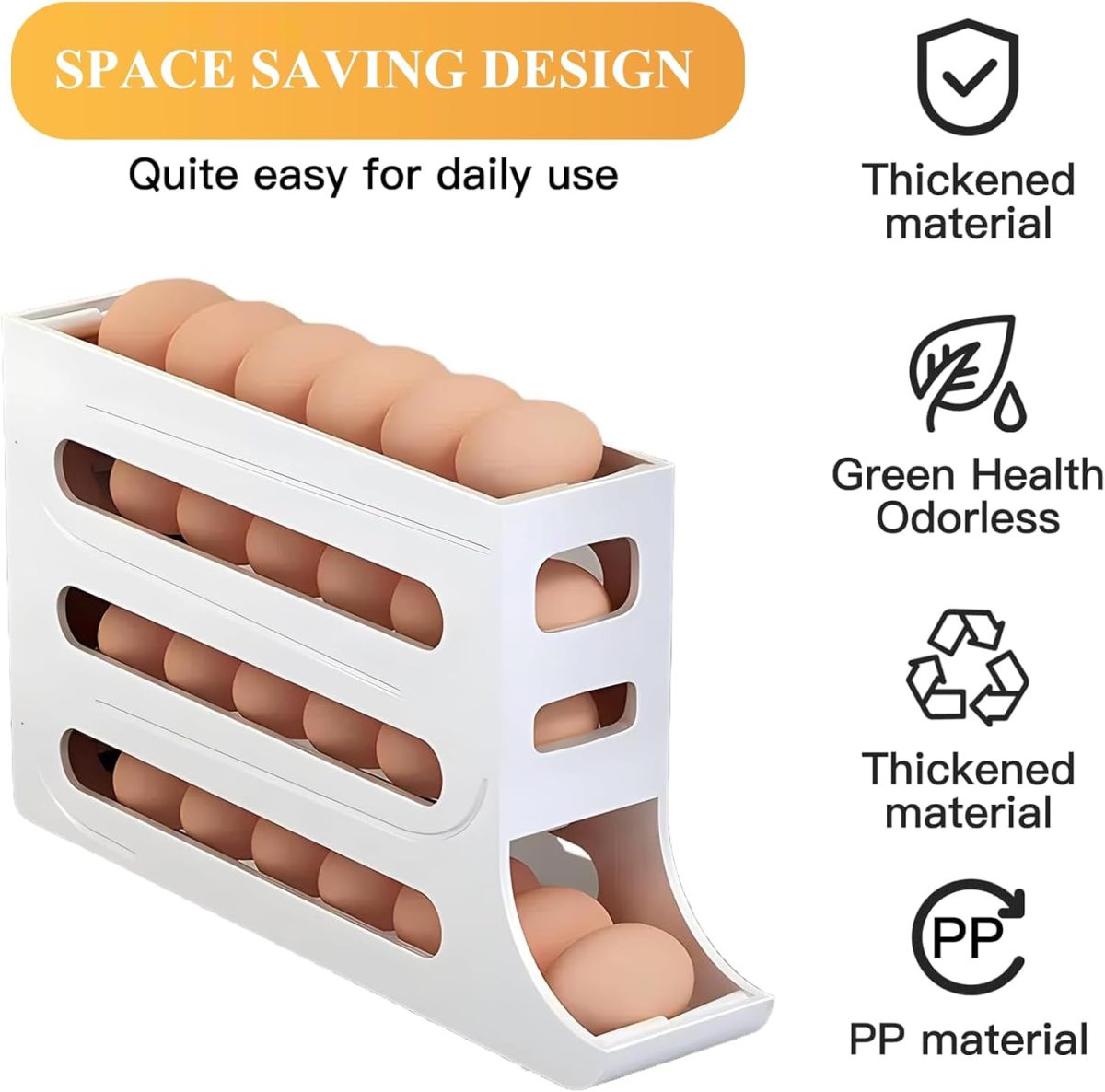 ⁦CooToly Egg Tray Organizer - Auto Rolling Fridge Egg Holder, Space-Saving Dispenser, Large Capacity for Refrigerator (White-1 Pack)⁩ - الصورة ⁦6⁩