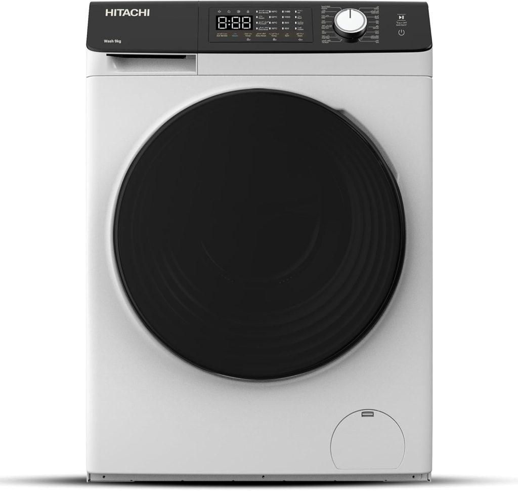 HITACHI – 9kg Front Load Washing Machine – Steam Wash, 16 Programs, Stain Removal, 5 Star Energy Rating – Inverter Motor, Anti-Wrinkle, Touch LED Panel – White