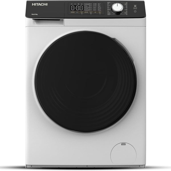 HITACHI – 9kg Front Load Washing Machine – Steam Wash, 16 Programs, Stain Removal, 5 Star Energy Rating – Inverter Motor, Anti-Wrinkle, Touch LED Panel – White
