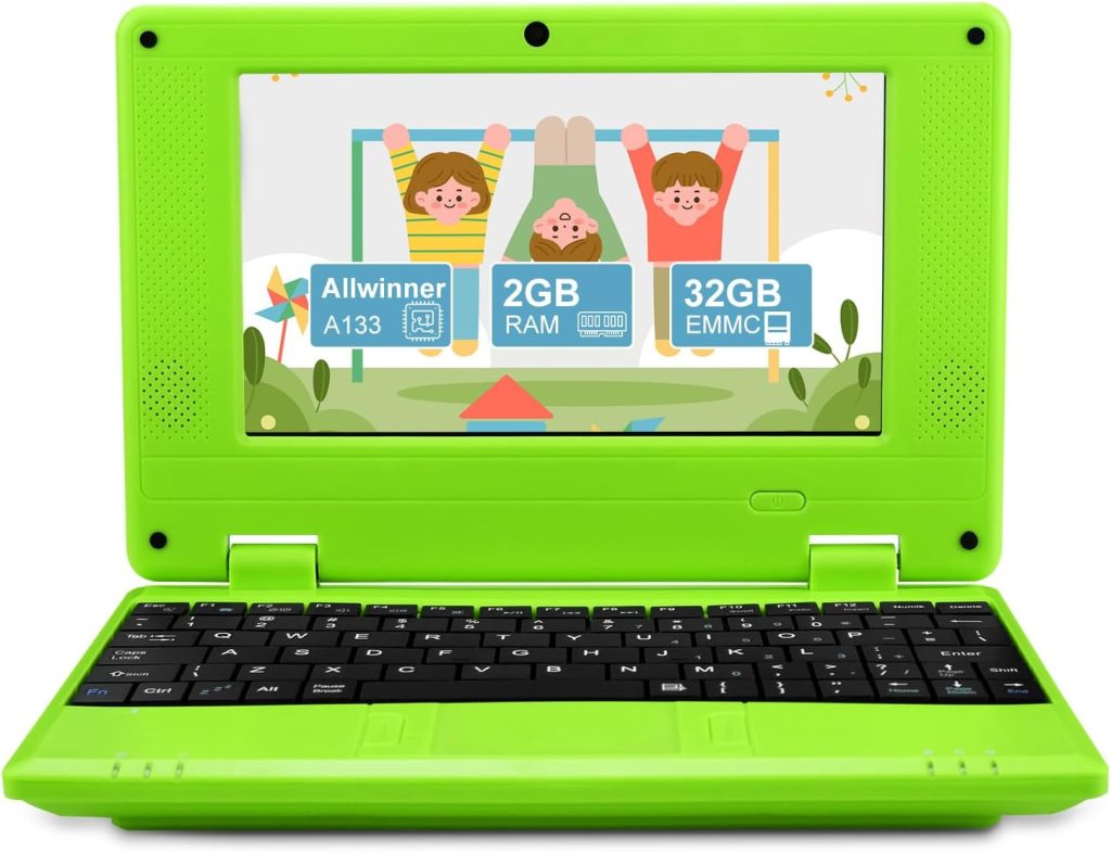 ZHAOHUIXIN 7" Portable Small Laptop, Android 12 Quad Core with 2GB RAM 32GB ROM Mini Laptop Notebook for Kids,Ideal Gift for Children 's Learning and Entertainment (Green)