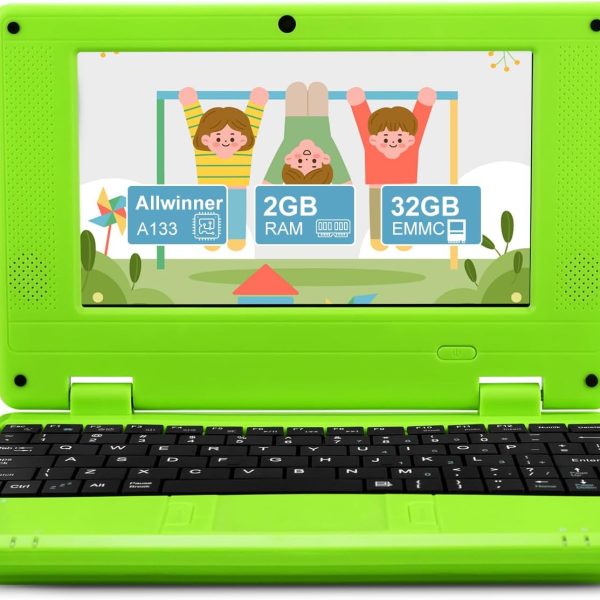 ZHAOHUIXIN 7" Portable Small Laptop, Android 12 Quad Core with 2GB RAM 32GB ROM Mini Laptop Notebook for Kids,Ideal Gift for Children 's Learning and Entertainment (Green)