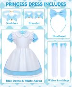 ⁦BIQIQI Princess Costumes for Girls, Blue Princess Dress Fancy Dress with White Apron and Headband, Girls Dressing Up Costumes, Halloween Birthday Party Cosplay Outfit for Kid,Size 130cm-150cm⁩ - الصورة ⁦3⁩