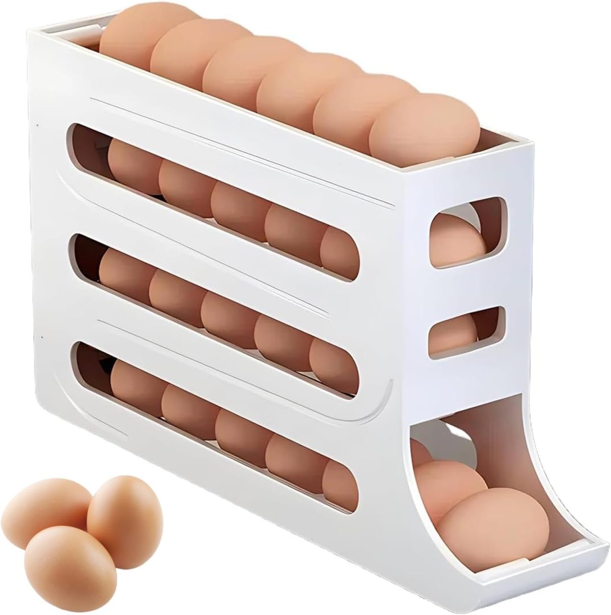CooToly Egg Tray Organizer - Auto Rolling Fridge Egg Holder, Space-Saving Dispenser, Large Capacity for Refrigerator (White-1 Pack)