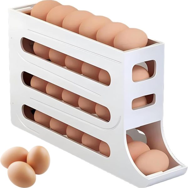 CooToly Egg Tray Organizer - Auto Rolling Fridge Egg Holder, Space-Saving Dispenser, Large Capacity for Refrigerator (White-1 Pack)