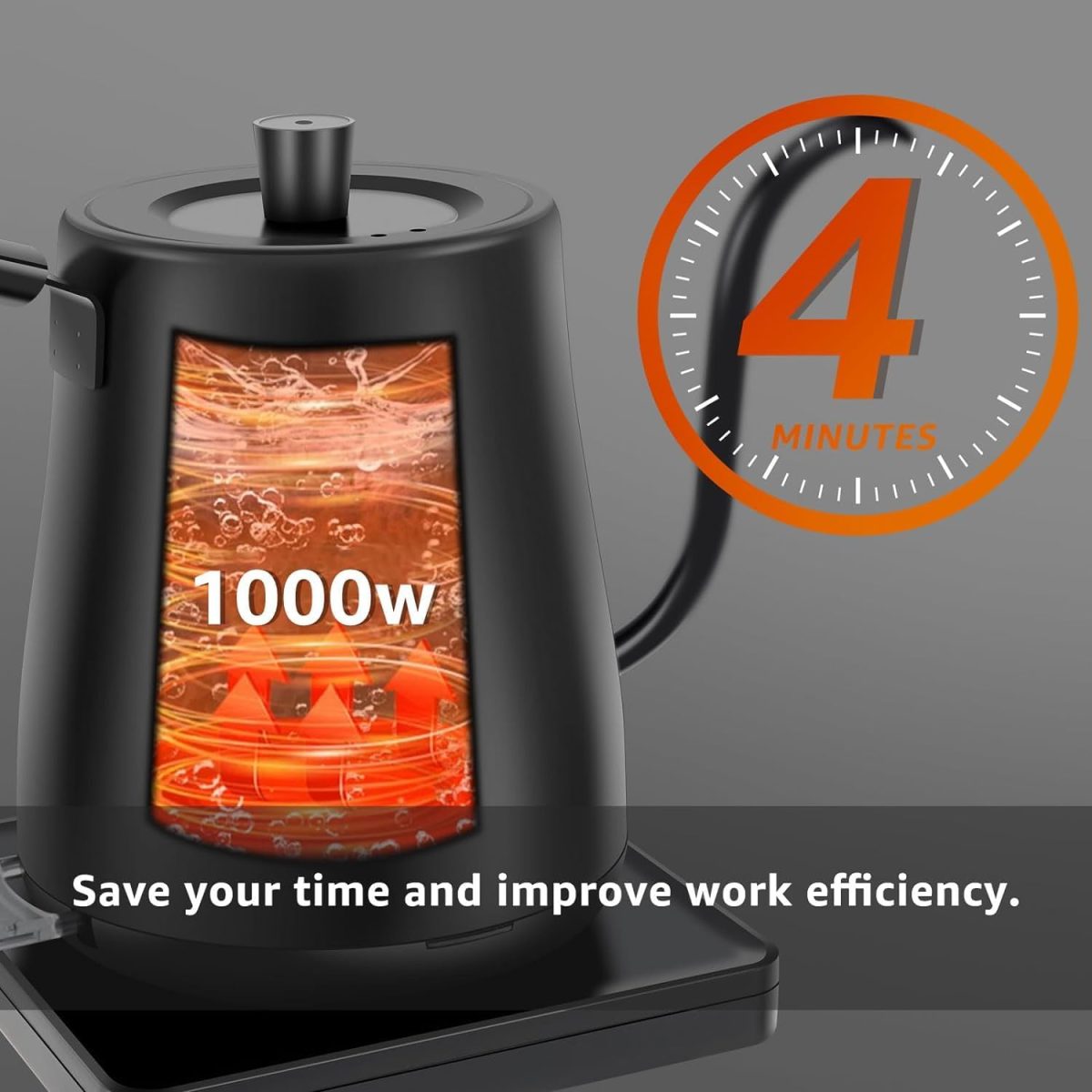 ⁦SKY-TOUCH 1000W Electric Kettle : 4 Min Quick Heating Electric Gooseneck Kettles with Auto Shut Off Anti-dry Protection 304 Stainless Steel Inner & Lid for Pour-over Coffee & Tea Matt (800ml Black)⁩ - الصورة ⁦4⁩