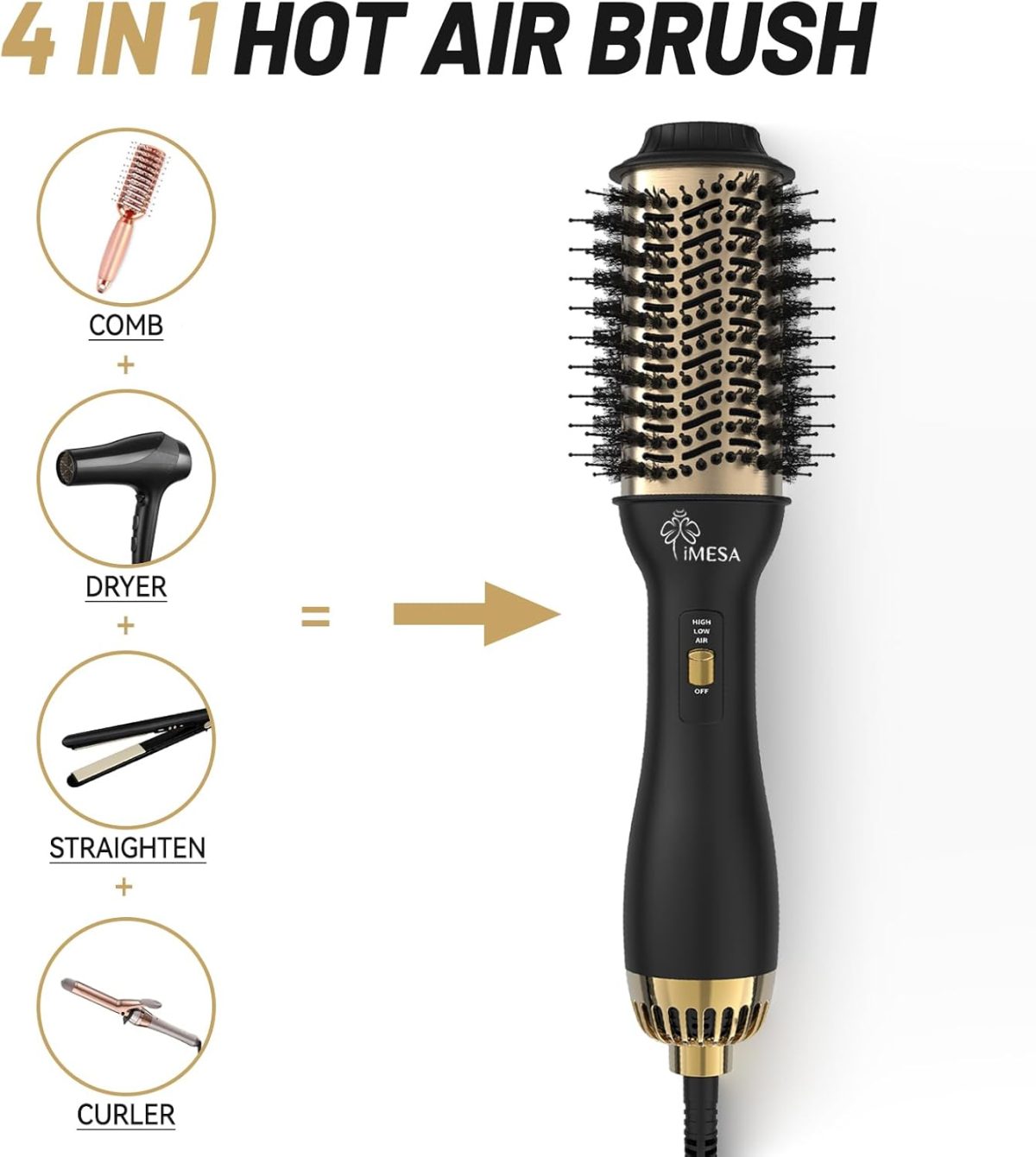 ⁦iMESA 4-IN-1 Multi-functional Hot Air Brush,1000W Hair Dryer Brush, Hair Dryer,Hair Styler Comb, 3 Speeds Temp, Hot Air Styler Black⁩ - الصورة ⁦2⁩