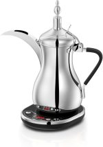 ALSAIF 900W Electric Arabic Coffee Maker with a Comfortable Handle and Digital Screen for Time and Temperature Display, 1 Liter, silver E03307 2 years warranty.