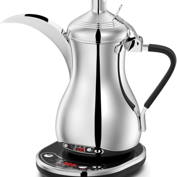 ALSAIF 900W Electric Arabic Coffee Maker with a Comfortable Handle and Digital Screen for Time and Temperature Display, 1 Liter, silver E03307 2 years warranty.