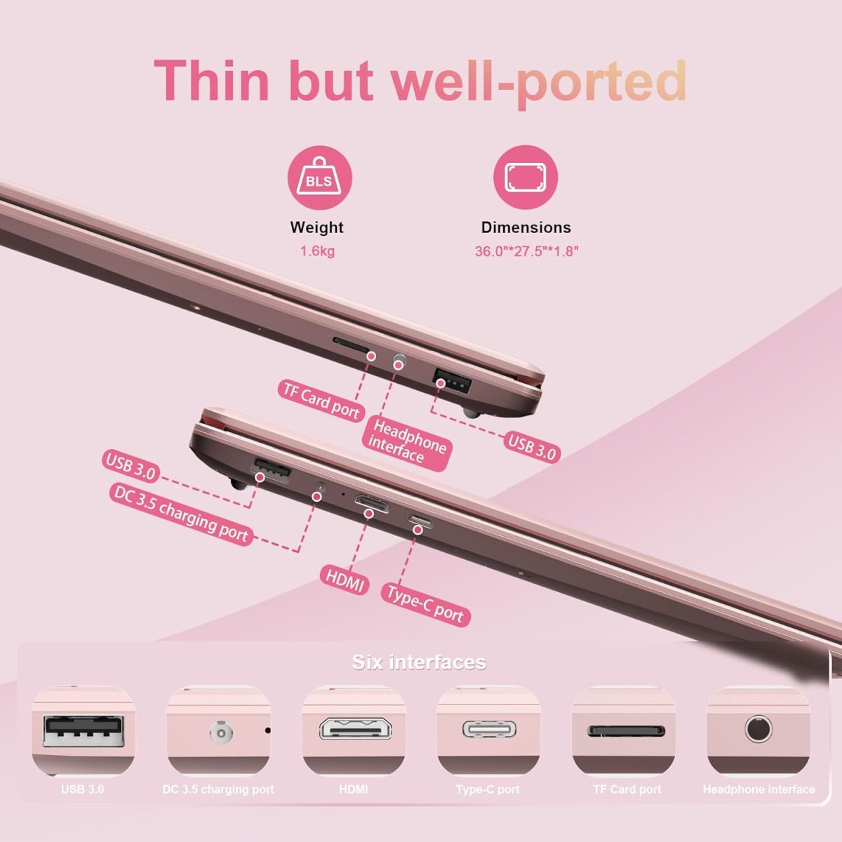 ⁦15.6" Laptop Computer, N95 Processor (4C4T, 1.7-3.4GHz) Gaming Laptop 16GB RAM 512GB PCIe SSD, FHD Display, Backlit Keyboard, Fingerprint Unlock, Students Business Laptop PC Win11 Pro OS,Rose Gold⁩ - الصورة ⁦5⁩