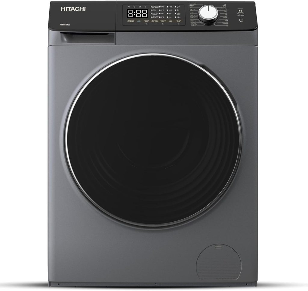 HITACHI – 9kg Front Load Washing Machine – Steam Wash, Stain Removal, 16 Programs, 5 Star Energy Rating – Inverter Motor, Anti-Wrinkle, Touch LED Panel – Silver