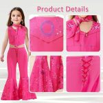 ⁦Goodern Girls Hot Pink Cowgirl Costume,Sleeveless Top Flare Pants Kids Cosplay Costume Set,Kids Disco Outfits Movie Dress up for Halloween Birthday Party Stage for Girls Aged 4-12⁩ - الصورة ⁦4⁩