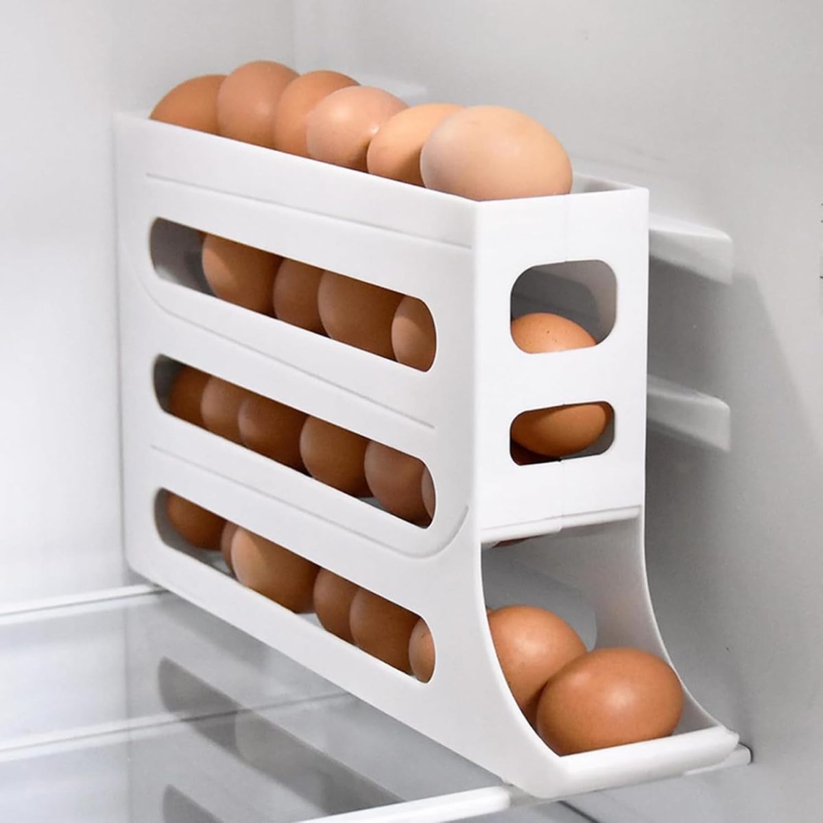 ⁦CooToly Egg Tray Organizer - Auto Rolling Fridge Egg Holder, Space-Saving Dispenser, Large Capacity for Refrigerator (White-1 Pack)⁩ - الصورة ⁦7⁩