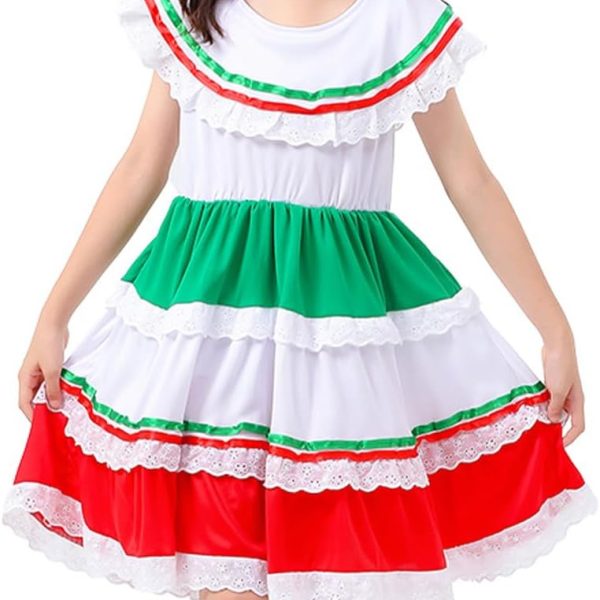IKADEX Girls Mexican Dress Flounce Collar Rainbow Striped Cinco de Mayo Día de Muertos Dress