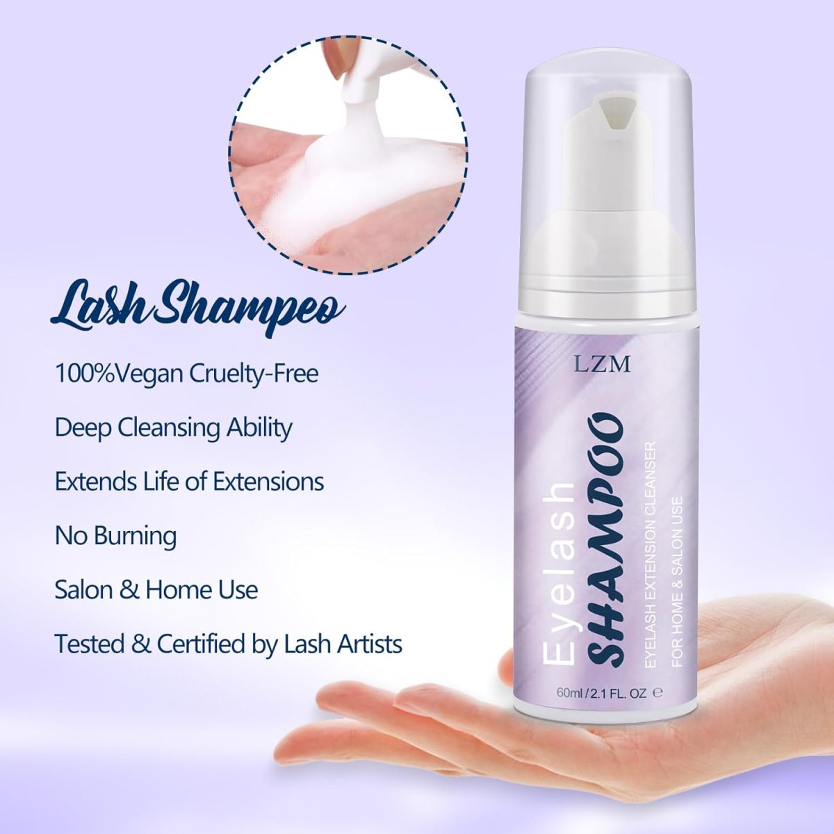 ⁦LZM Lash Shampoo Kit Lash Cleaning - Lash Wash Cleaning Kit with Fan for Cluster Lash/Eyelash Extensions/False Lash, Lash Bath, Lash Foam, Lash Soap, Lash Care, Wash Bottle, Sulfate & Oil Free, 60ml⁩ - الصورة ⁦3⁩