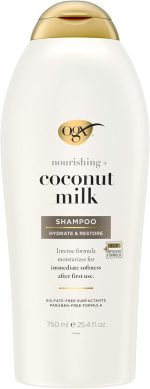 OGX Nourishing + Coconut Milk Moisturizing Shampoo for Strong & Healthy Hair, with Coconut Milk, Coconut Oil & Egg White Protein, Paraben-Free, Sulfate-Free Surfactants, 25.4 fl oz