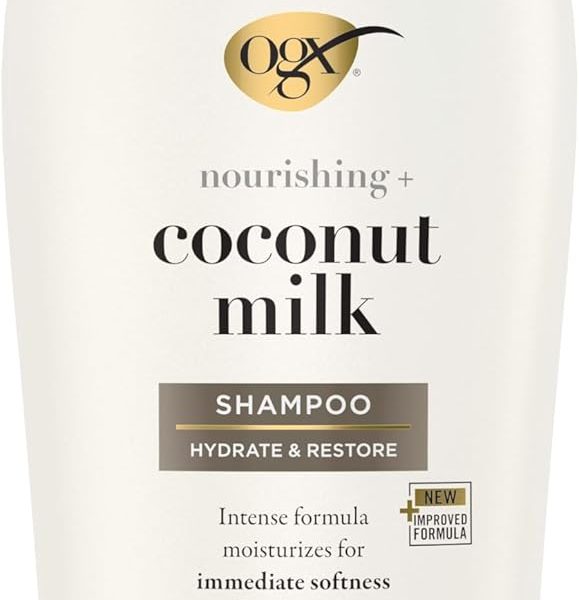 OGX Nourishing + Coconut Milk Moisturizing Shampoo for Strong & Healthy Hair, with Coconut Milk, Coconut Oil & Egg White Protein, Paraben-Free, Sulfate-Free Surfactants, 25.4 fl oz