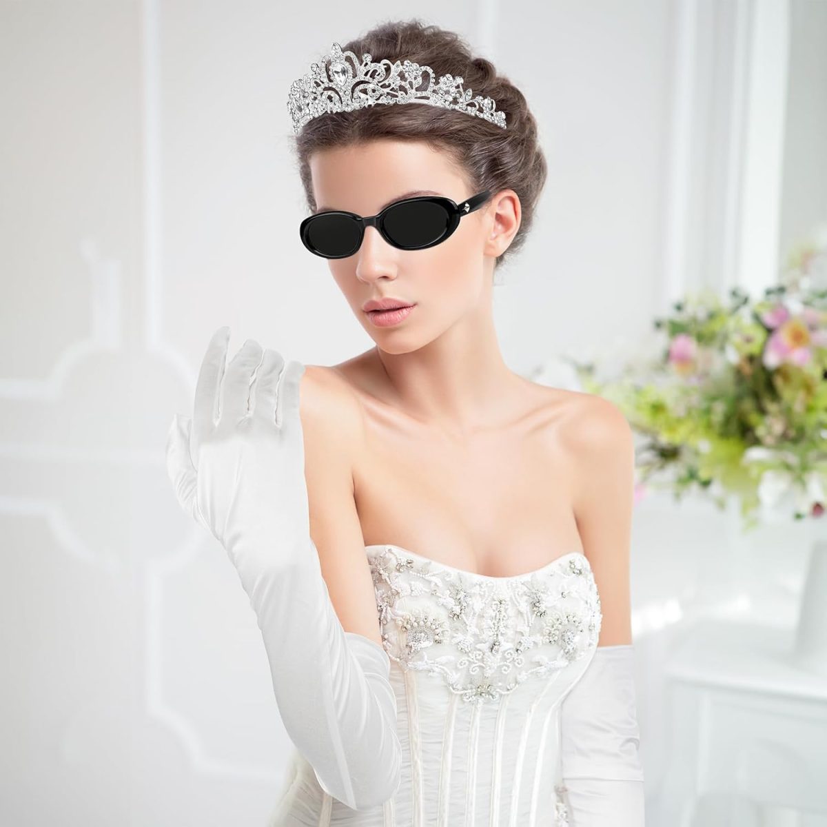 ⁦BTHRORO Princess Costume Accessory Set Women Girls Tiara Crown Crystal with Comb Sunglasses White Long Gloves Princess Diaries Costume for Carnival Wedding Prom Birthday Party⁩ - الصورة ⁦5⁩
