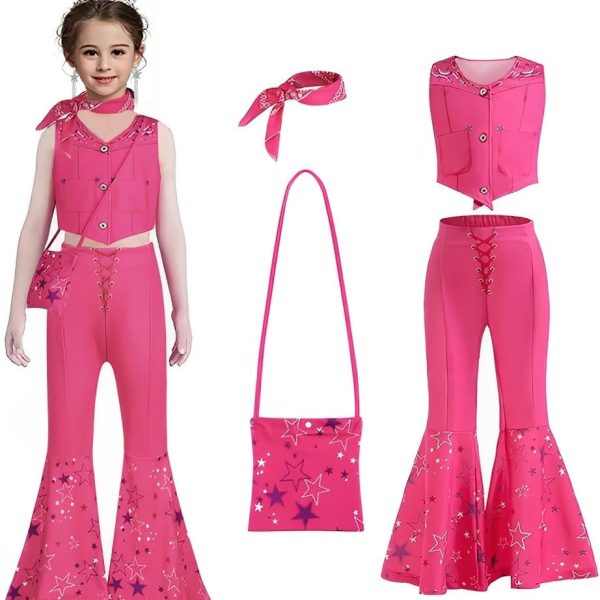 Goodern Girls Hot Pink Cowgirl Costume,Sleeveless Top Flare Pants Kids Cosplay Costume Set,Kids Disco Outfits Movie Dress up for Halloween Birthday Party Stage for Girls Aged 4-12