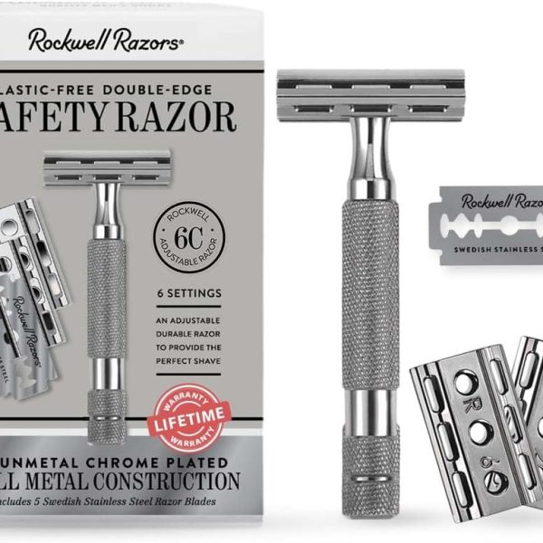 ROCKWELL RAZORS 6C Gunmetal Chrome Double-Edge Safety Razor with 6 Adjustable Shave Settings and 5 Blades