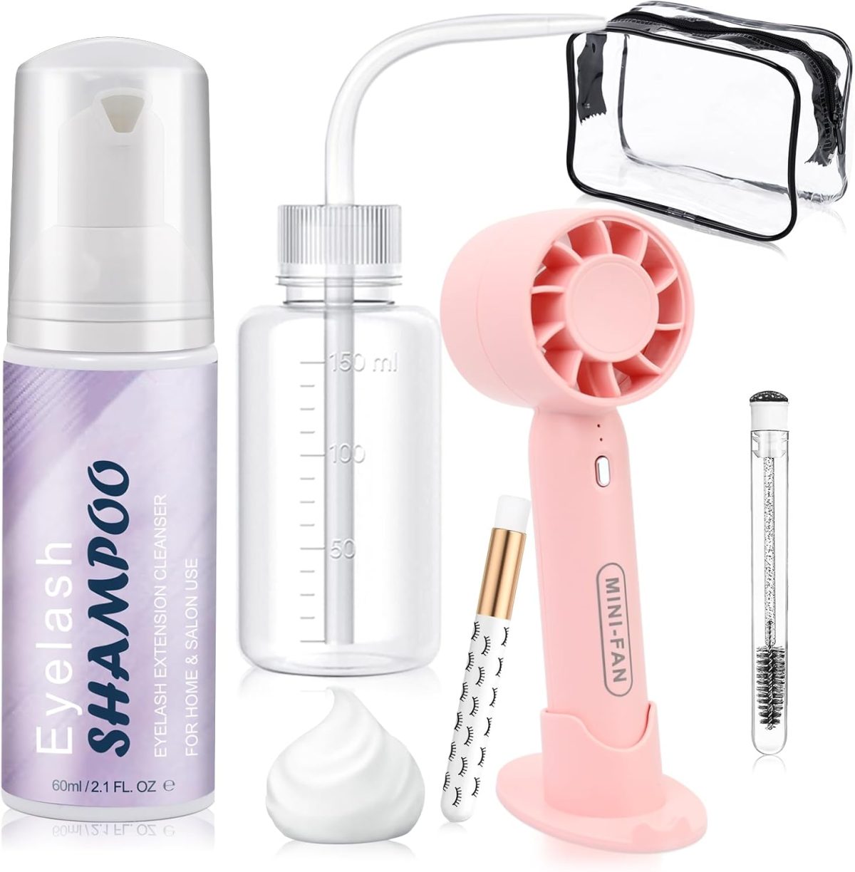 LZM Lash Shampoo Kit Lash Cleaning - Lash Wash Cleaning Kit with Fan for Cluster Lash/Eyelash Extensions/False Lash, Lash Bath, Lash Foam, Lash Soap, Lash Care, Wash Bottle, Sulfate & Oil Free, 60ml