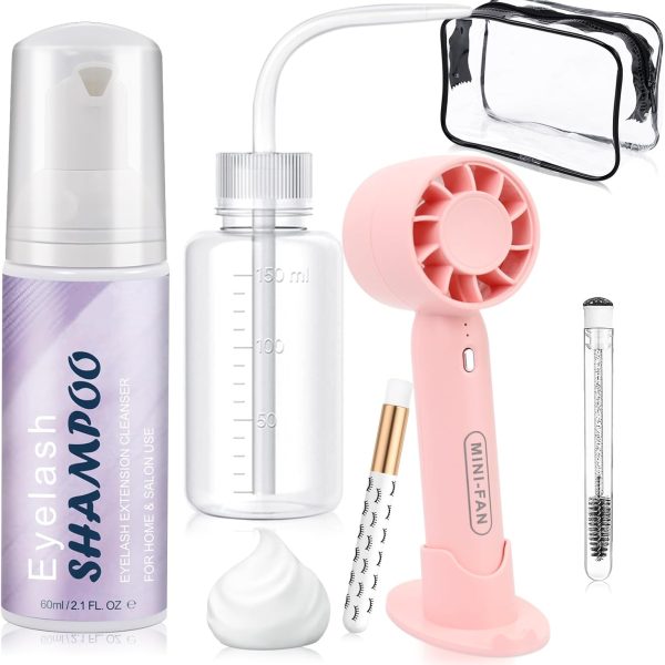 LZM Lash Shampoo Kit Lash Cleaning - Lash Wash Cleaning Kit with Fan for Cluster Lash/Eyelash Extensions/False Lash, Lash Bath, Lash Foam, Lash Soap, Lash Care, Wash Bottle, Sulfate & Oil Free, 60ml