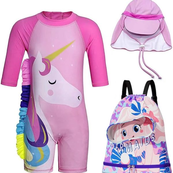 Unicorn Swimwear Girls One Pieces Rash Guard Set Flamingo Sun Suits with Sun Hat UPF 50+