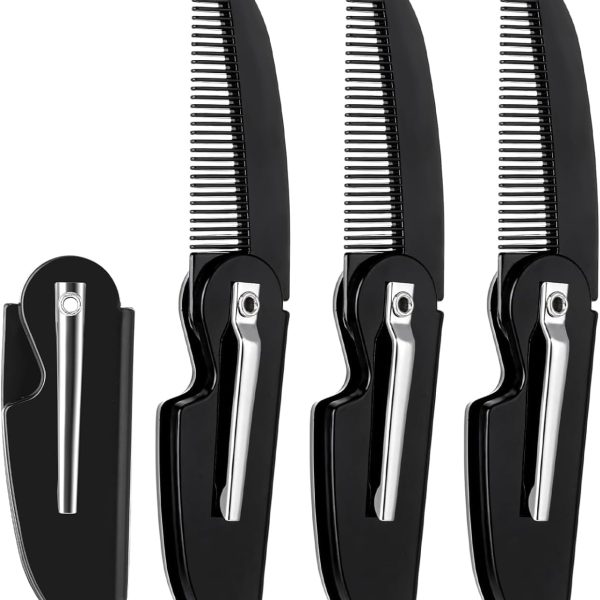 ALMEKAQUZ 4Pcs Folding Beard Comb,Portable Men's Beard Comb,Pocket Folding Comb,Travel Comb,Portable Beard Comb with Clip,Men's Beard Hair Care Styling Grooming (Black)