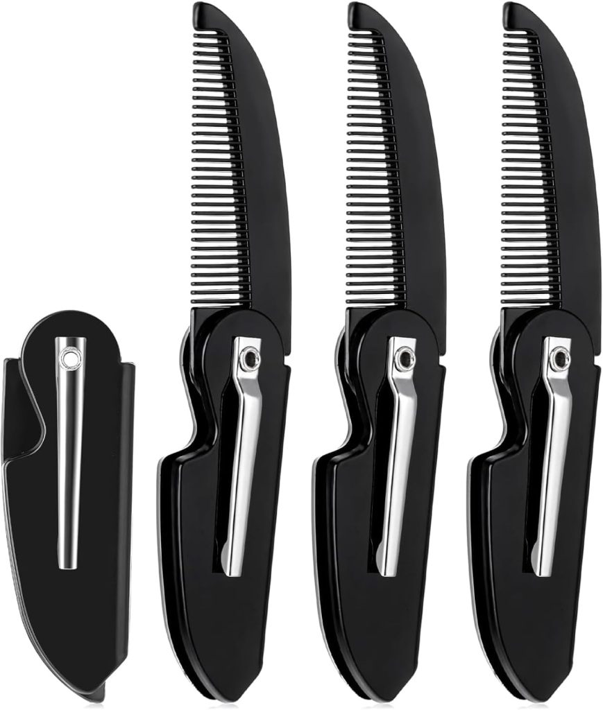 ALMEKAQUZ 4Pcs Folding Beard Comb,Portable Men's Beard Comb,Pocket Folding Comb,Travel Comb,Portable Beard Comb with Clip,Men's Beard Hair Care Styling Grooming (Black)