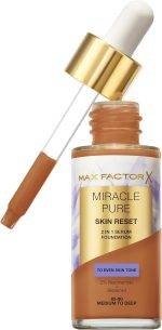 Max Factor Miracle Pure 2in1 Skin Reset Serum Foundation, 85-90, Medium to Deep, Vegan Formula, Evens Skin Tone, Medium Coverage, Satin Matte Finish, Niacinamide & Bisabolol, 30ml (1oz)