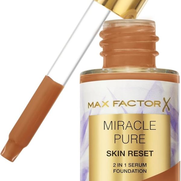 Max Factor Miracle Pure 2in1 Skin Reset Serum Foundation, 85-90, Medium to Deep, Vegan Formula, Evens Skin Tone, Medium Coverage, Satin Matte Finish, Niacinamide & Bisabolol, 30ml (1oz)