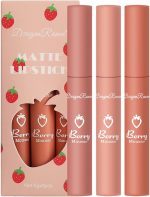 Beautishop 3Pcs Strawberry Set Matte Liquid Lipstick Makeup Set, Long Lasting Lip Gloss Non-Stick Cup is Not Easy to Fade, Waterproof Matte Lip Glaze Lipstick (A)