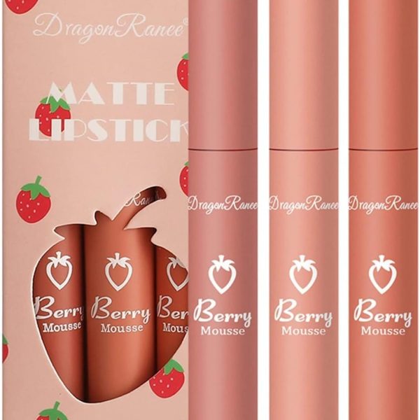 Beautishop 3Pcs Strawberry Set Matte Liquid Lipstick Makeup Set, Long Lasting Lip Gloss Non-Stick Cup is Not Easy to Fade, Waterproof Matte Lip Glaze Lipstick (A)