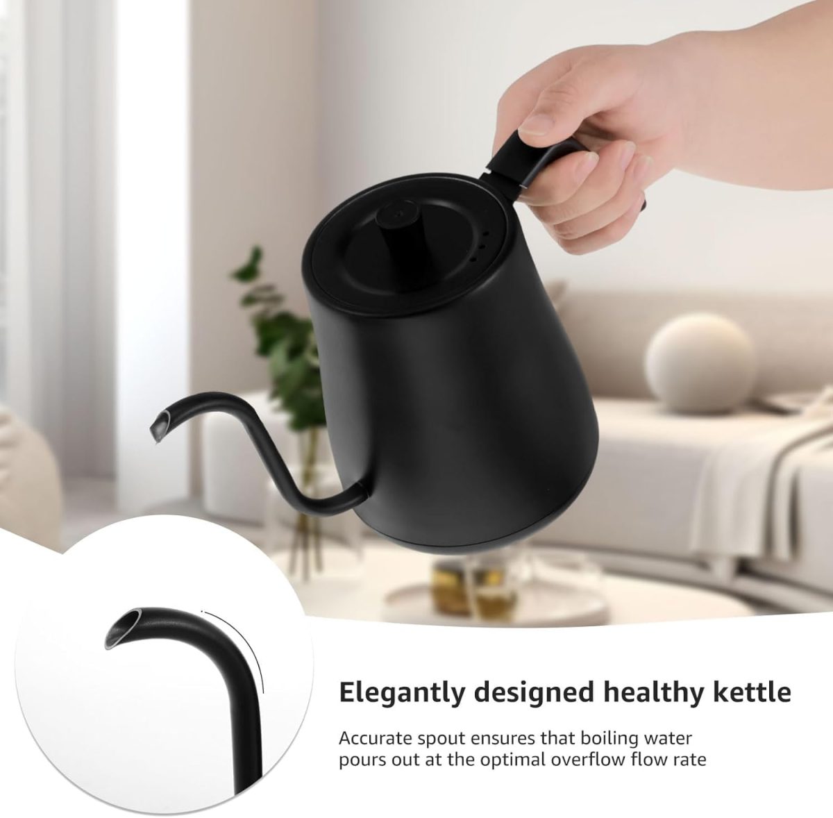 ⁦SKY-TOUCH 1000W Electric Kettle : 4 Min Quick Heating Electric Gooseneck Kettles with Auto Shut Off Anti-dry Protection 304 Stainless Steel Inner & Lid for Pour-over Coffee & Tea Matt (800ml Black)⁩ - الصورة ⁦2⁩