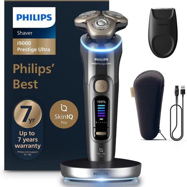 Philips Razor i9000 Prestige Ultra Wet and Dry Razor for Men, Dark Grey, Pressure and Motion Sensor, Trimmer Attachment, Charging Station and Travel Case (Model XP9402/11)