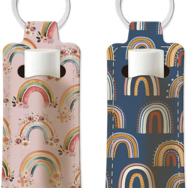 OLYCRAFT 2Pcs Lipstick Holder Keychain Rainbow Lip Balm Holders Elastic Diving Fabric Lipstick Keychain Portable Lipsticks Holder Flower Wreath Chapstick Sleeve Key Ring Holders for Chapstick