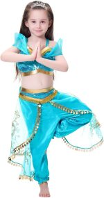 ⁦Emin Girls Jasmine Princess Dresses Aladdin Princess Costume with Wig for Children Birthday Party Cosplay Halloween Christmas Carnival Dress Up⁩ - الصورة ⁦5⁩