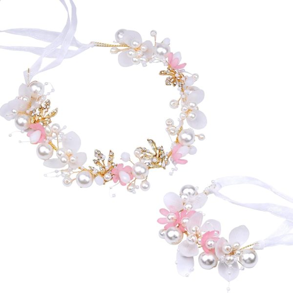 LAPOHI 2 Pieces Wedding Flower Headpieces for Girls, Flower Girl Hair Accessories for Wedding Rhinestones Flower Headband Fairy Pearl Flower Crown for Girls Bridal Crystal Flower Tiara for Women