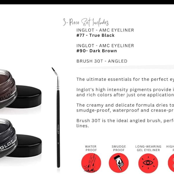 INGLOT Eyeliner Bundle - AMC Eyeliner Gel 90, AMC Eyeliner Gel 77 and Brush 30T (3-piece)