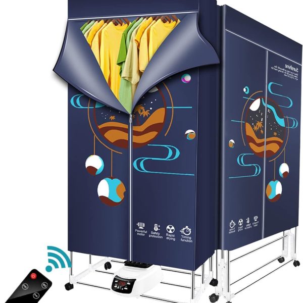 Portable Dryer, Foldable 1500W Electric Clothes Dryer, Clothes Drying Rack with Remote Control, Large Capacity Portable Laundry Drying Wardrobe for Home, Apartments, Dormitory, Travel