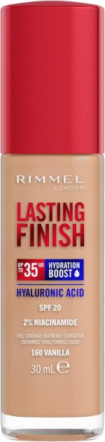 Rimmel London Lasting Finish 35 Hour, 160 Vanilla, Foundation, Long-Wearing, Hydrating, Vegan Formula, Full-Coverage, 30ml (1oz)